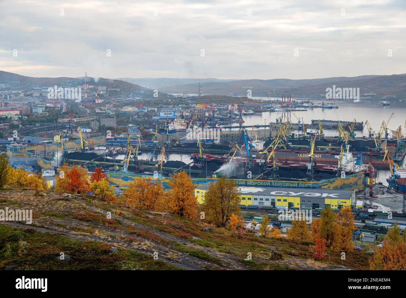 MURMANSK, RUSSIA - SEPTEMBER 17, 2021: Murmansk commercial sea port. Kola bay. A trading port in autumn, lots of ships in the bay, with yellow trees a Stock Photo