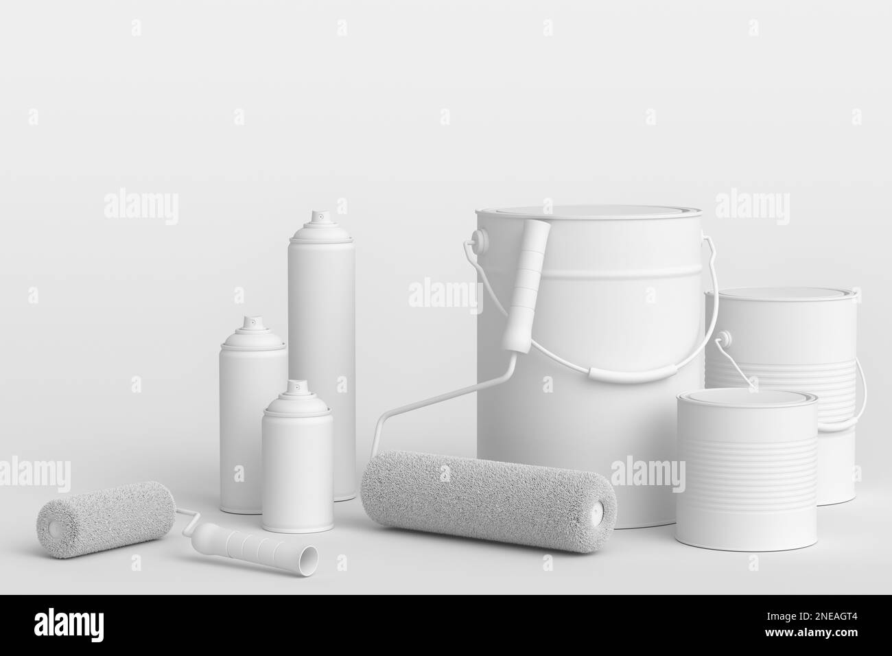 Set of metal and plastic buckets, spray paint, paint roller and brush