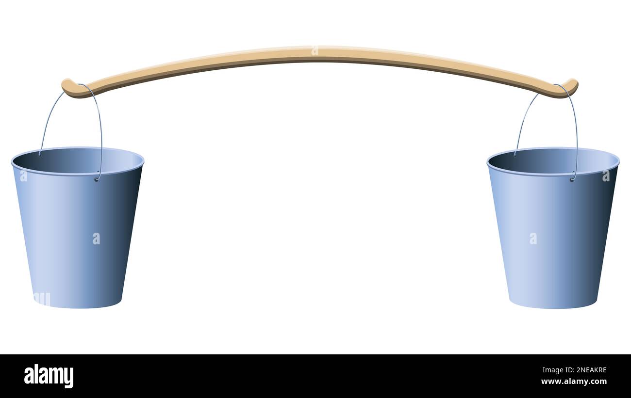Two metal buckets on wooden yoke isolated on white background. Vector design element Stock Photo