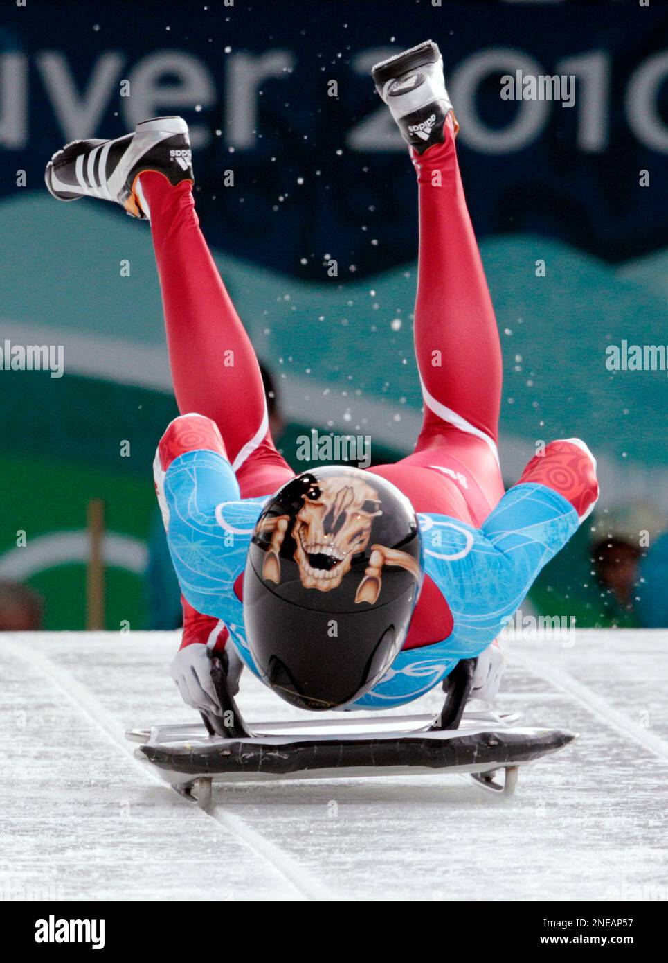 Melissa Hollingsworth of Canada starts during a training run for the women's skeleton at the Vancouver 2010 Olympics in Whistler, British Columbia, Monday, Feb. 15, 2010. (AP Photo/Elise Amendola) Stock Photo