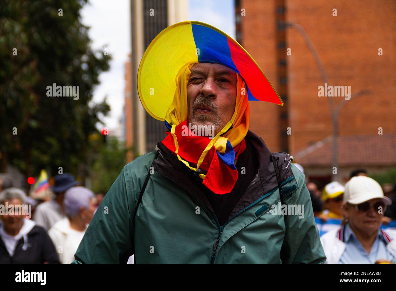 A demonstrator holds an umbrella with the message 'No More Petro' during the demonstrations against the reform proposals of Colombian president Gustav Stock Photo