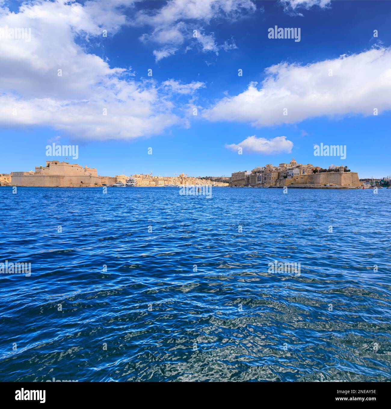 Grand Harbour seascape in Valletta, capital of Malta: view of Birgu, an old fortified city with Fort Saint Angelo. Stock Photo