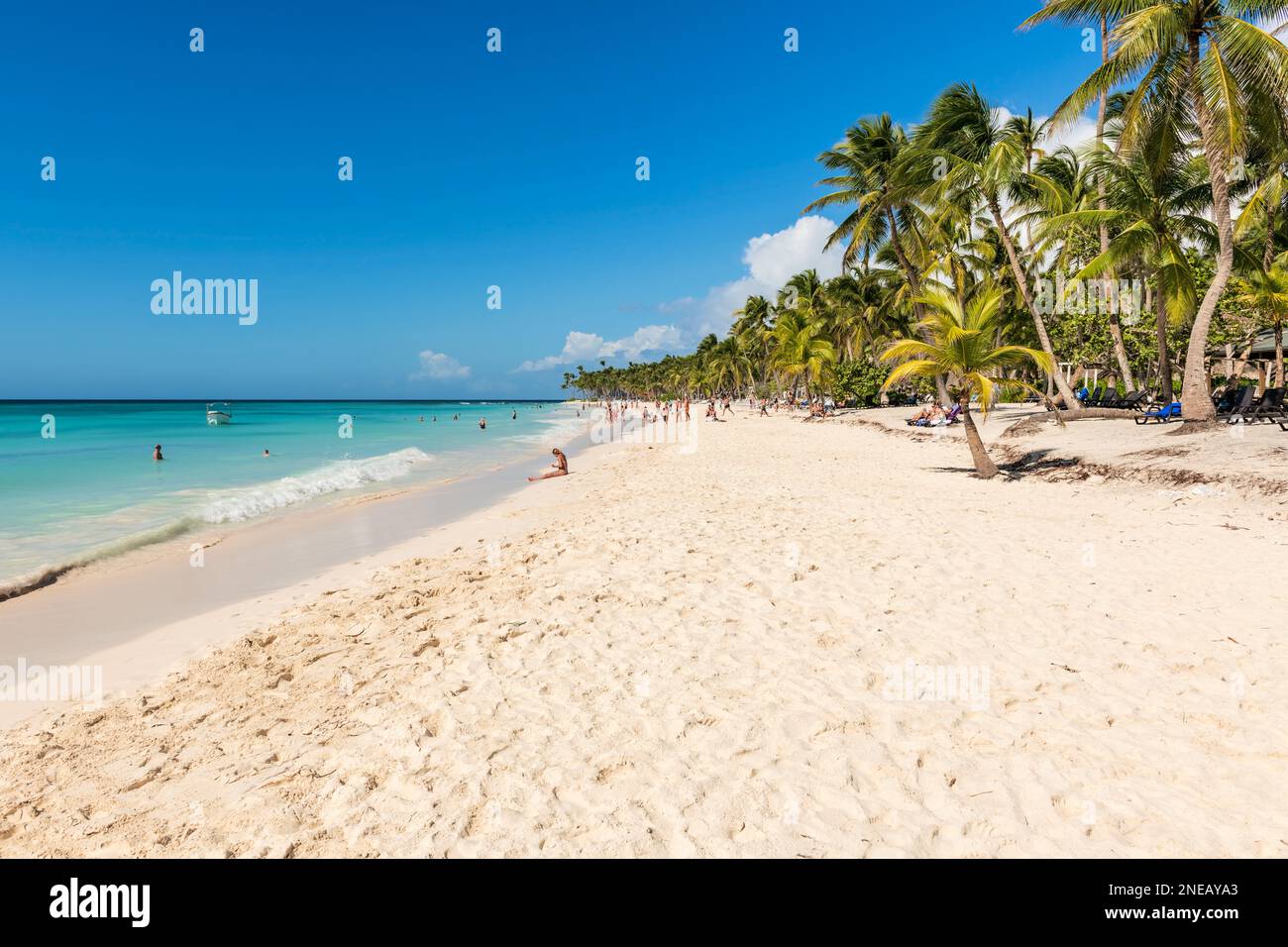 Saona Island, Dominican Republic - January 2, 2023: View the tourists on the beach at Saona island in the Dominican Republic. Stock Photo