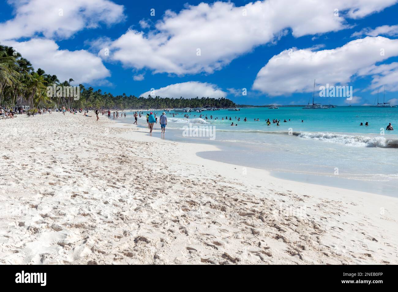 Saona Island, Dominican Republic - January 2, 2023: View the tourists on the beach at Saona island in the Dominican Republic. Stock Photo