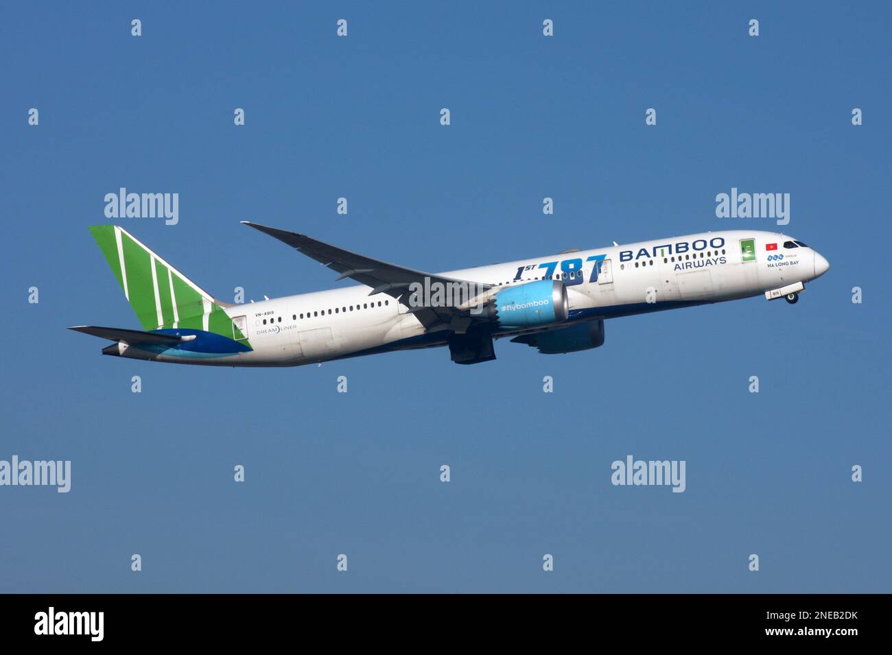 A Boeing 787-9 Dreamliner of Bamboo Airways marked as their 1st 787 leaves London Gatwick Airport Stock Photo