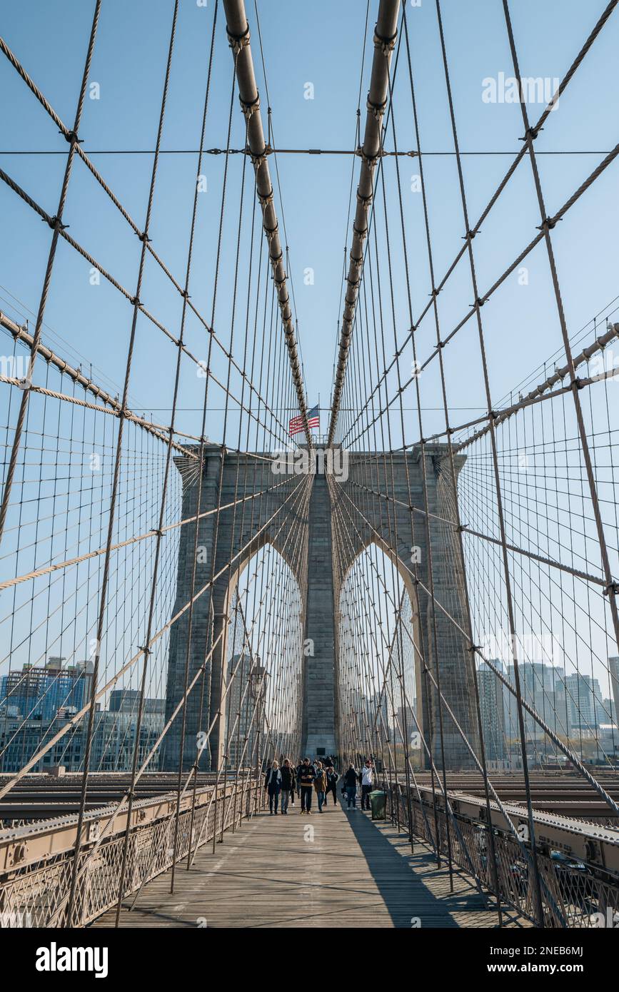 New York, USA November 21, 2022 People walking on Brooklyn Bridge, a