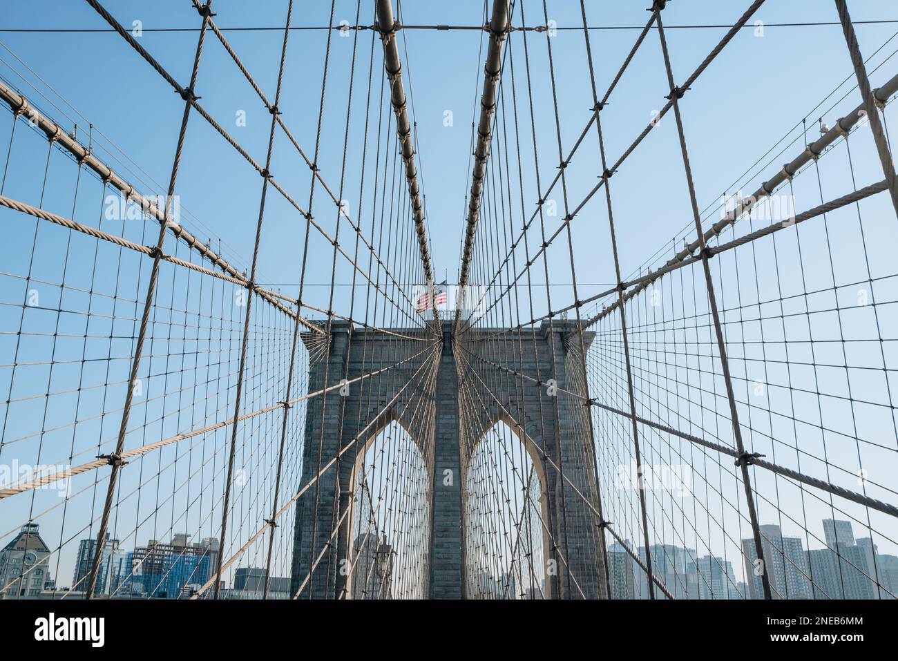 View of Brooklyn Bridge hybrid cablestayedsuspension bridge in New