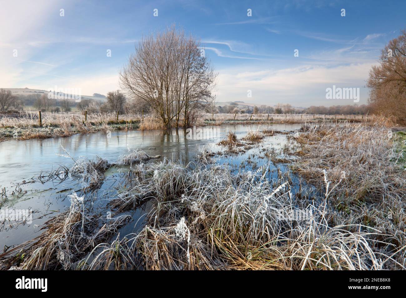 The River Wylye at Little Langford in Wiltshire on a frosty January morning. Stock Photo