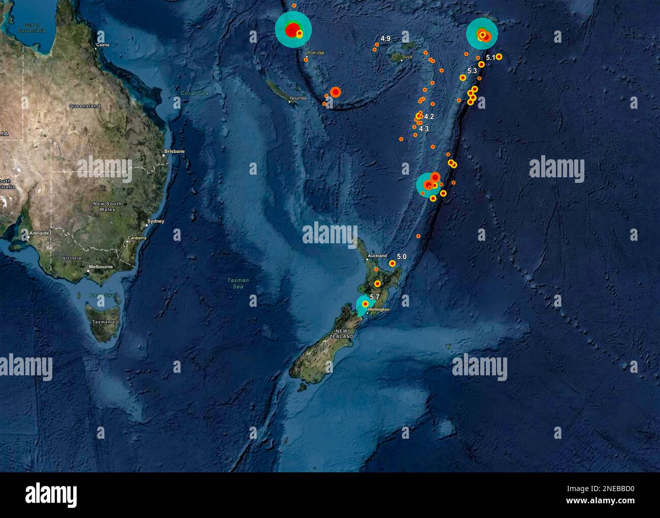 Dresden, Germany - February 15, 2023: Map of New Zealand and Australia with recent earthquakes location depicted as dots by ESRI real time detection s Stock Photo