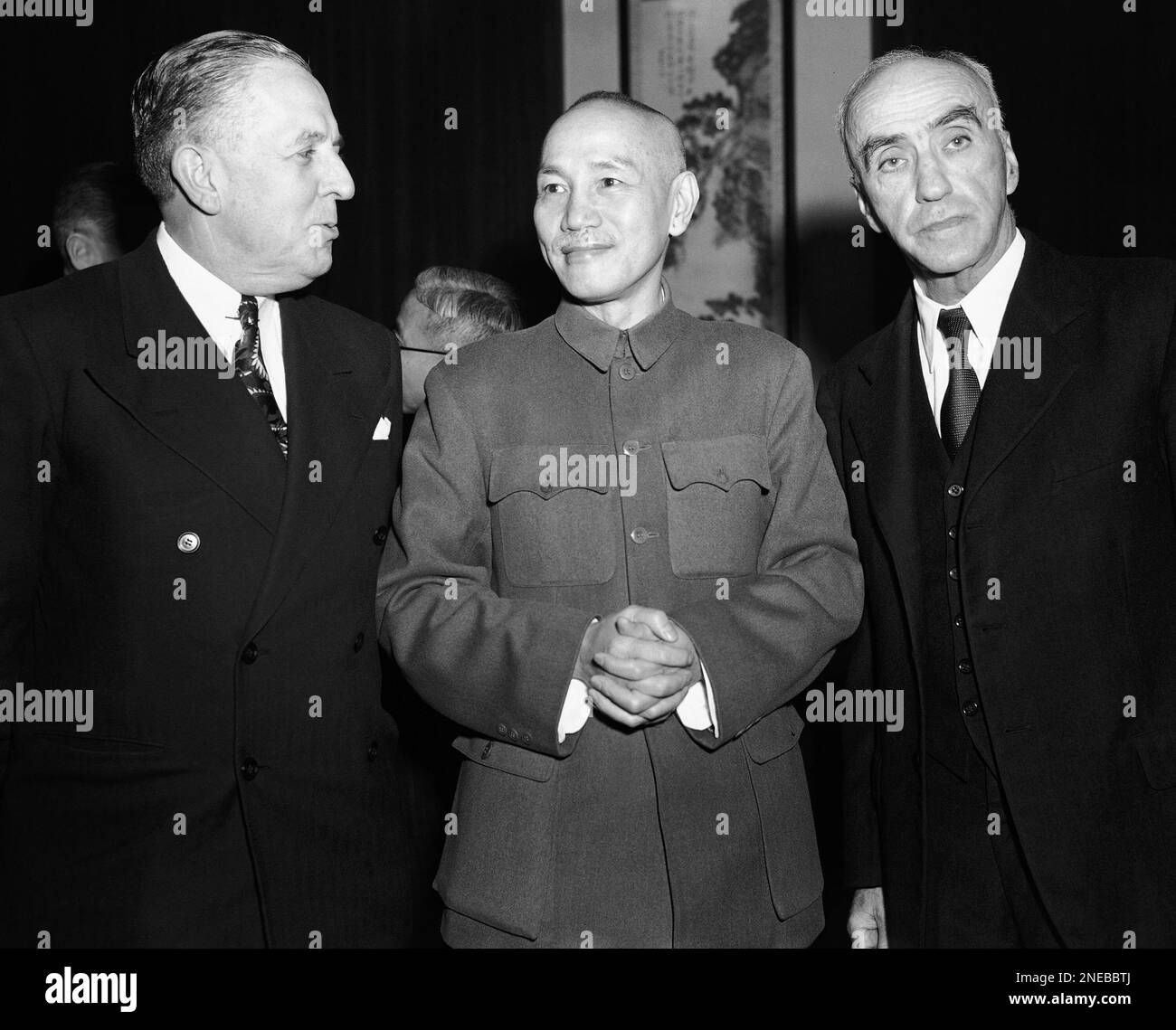 From left to right are: Paul Hoffman, Chiang Kai-shek and Amb. John ...