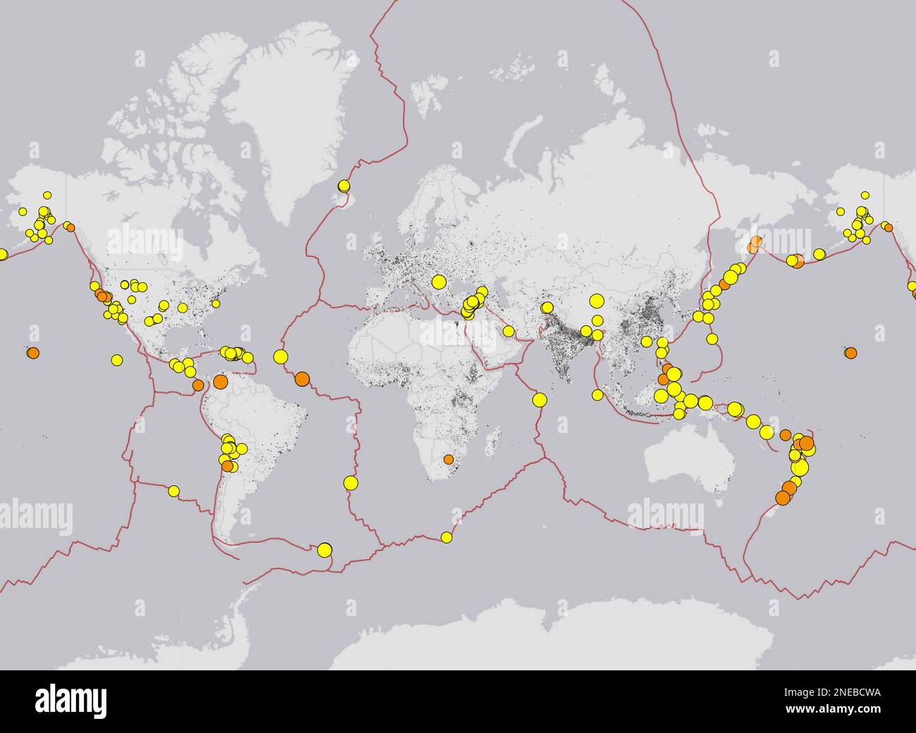 Dresden, Germany - February 15, 2023: World map with recent earthquakes location depicted as dots by USGS real time detection service. Cumulative data Stock Photo