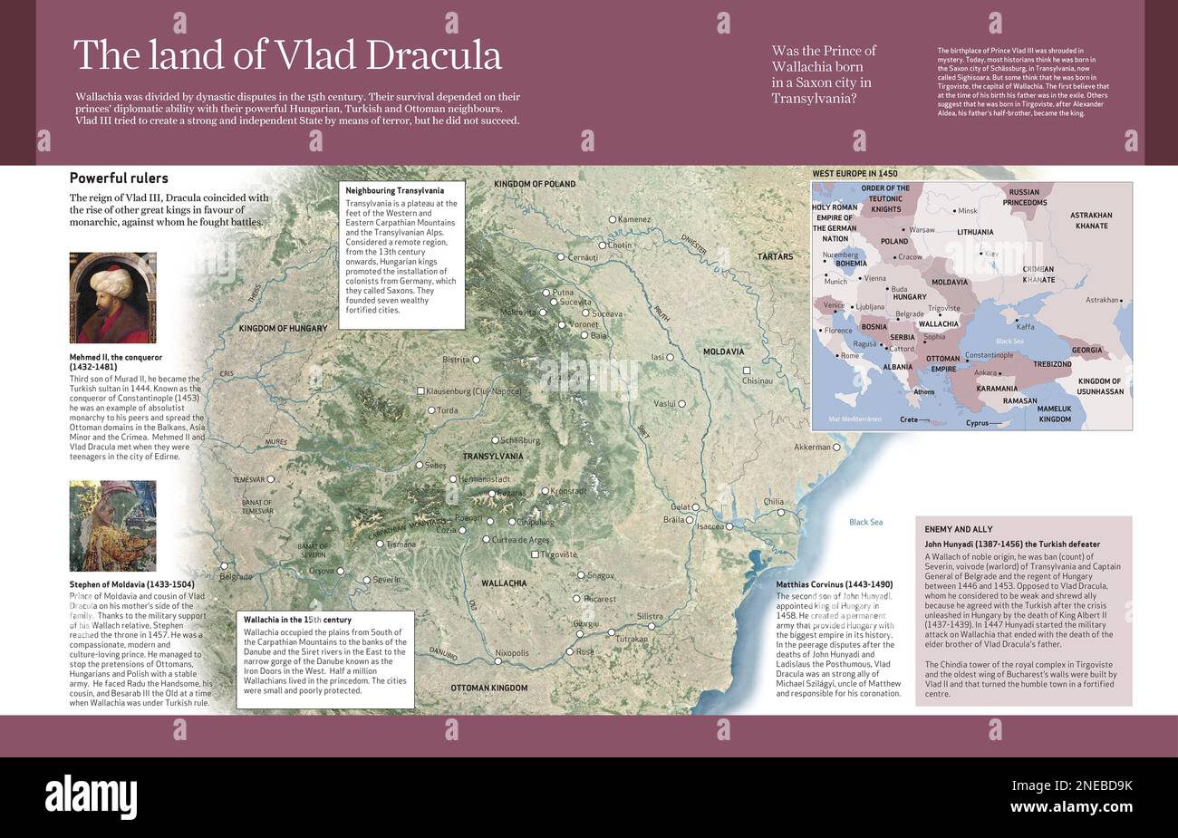 Computer graphics about the Wallachia region and the neighbouring kingdoms in the 15th century, Vlad Draculea times, that inspired the character of Dracula. [Adobe InDesign (.indd); 4960x3188]. Stock Photo