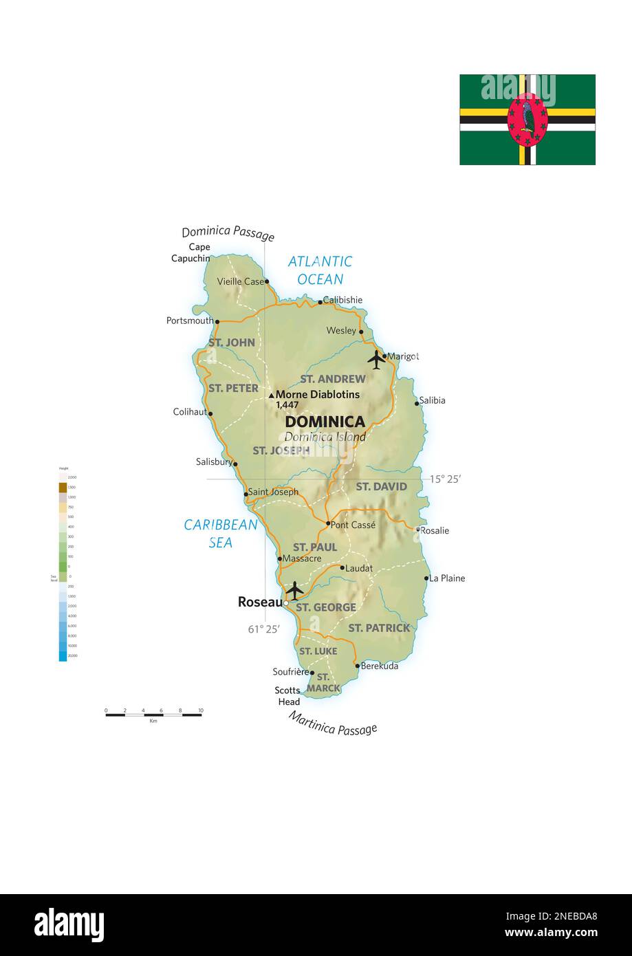 Physical And Political Map Of Dominica [encapsulated Postscript File Eps 2480x3507] Stock