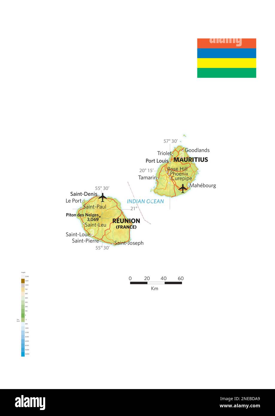 Physical and political map of the Republic of Mauritius and the French