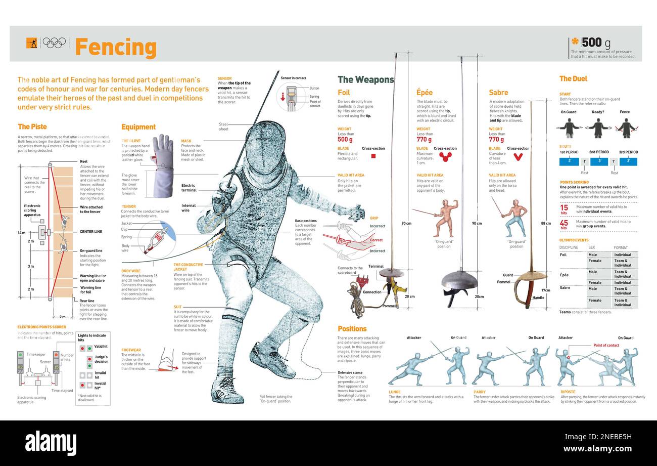 Infographics about ground, equipment, positions and fencing basic