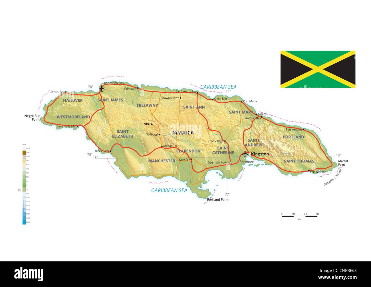 Physical and political map of Jamaica. [Encapsulated Postscript File (.eps); 3507x2480] Stock