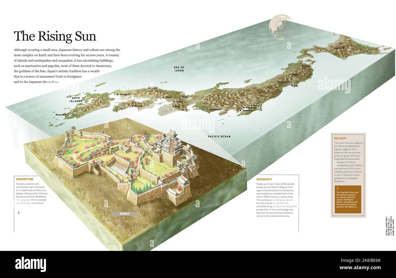 Infographics present geographical extent where the Japanese culture flourished, location of the most important cities and the castle of Himeji along with the main characteristic of Japanese culture. [QuarkXPress (.qxp); 6188x3921]. Stock Photo