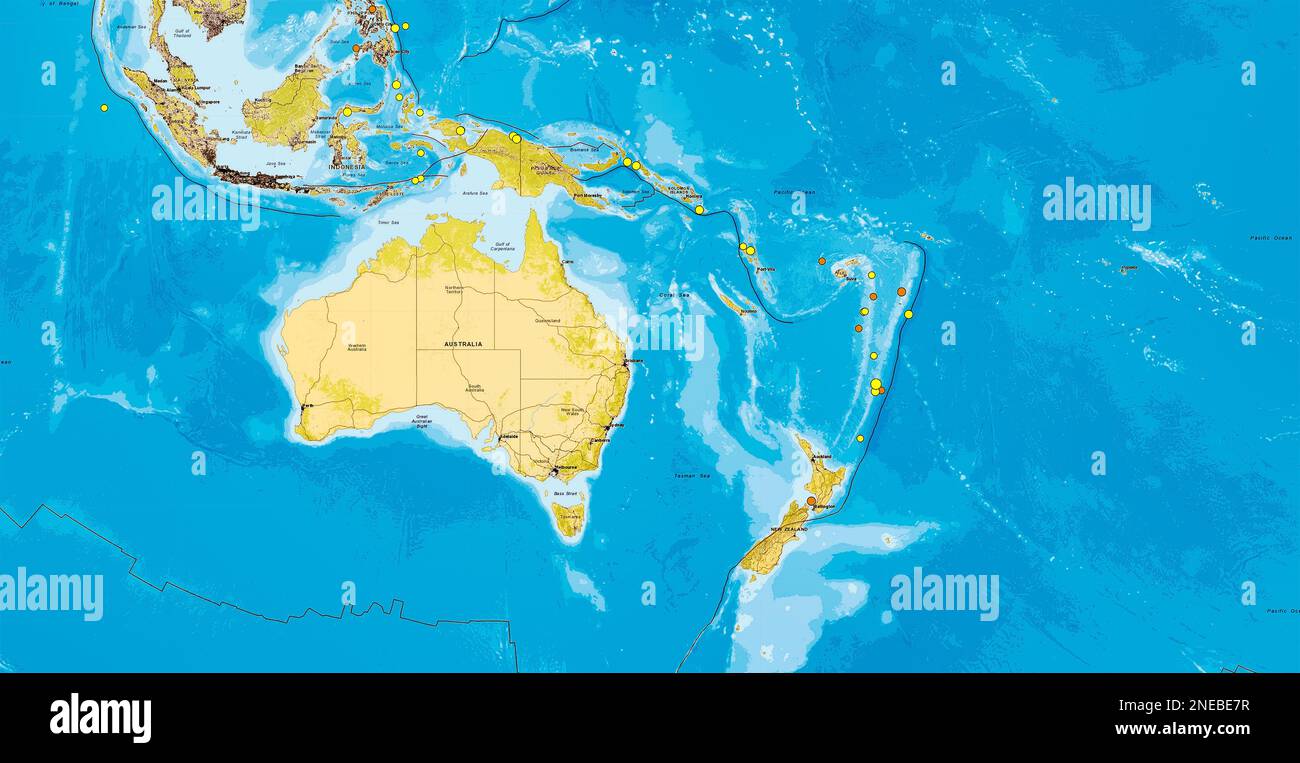Dresden, Germany - February 15, 2023: Map of New Zealand and Australia with recent earthquakes location depicted as dots by USGS real time detection s Stock Photo