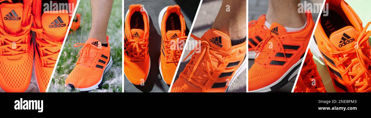 Tyumen, Russia-January 21, 2023: Adidas Running Shoes orange color. Adidas,  multinational company. Collage, banner wide panorama photo Stock Photo -  Alamy
