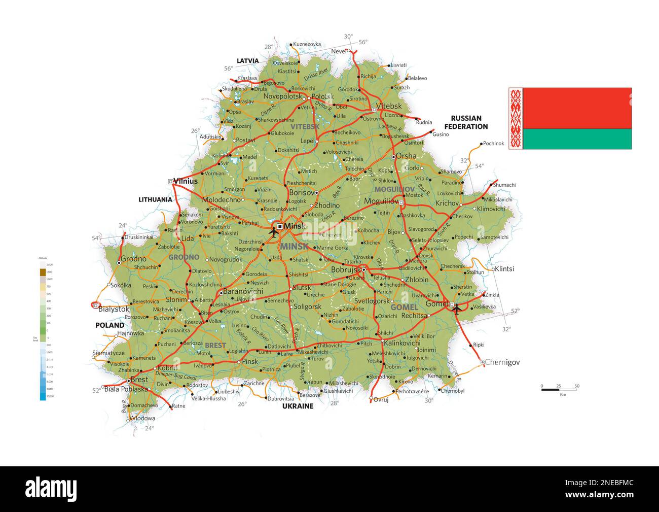Physical and political map of Belarus. [Adobe Illustrator (.ai); 3507x2480]. Stock Photo