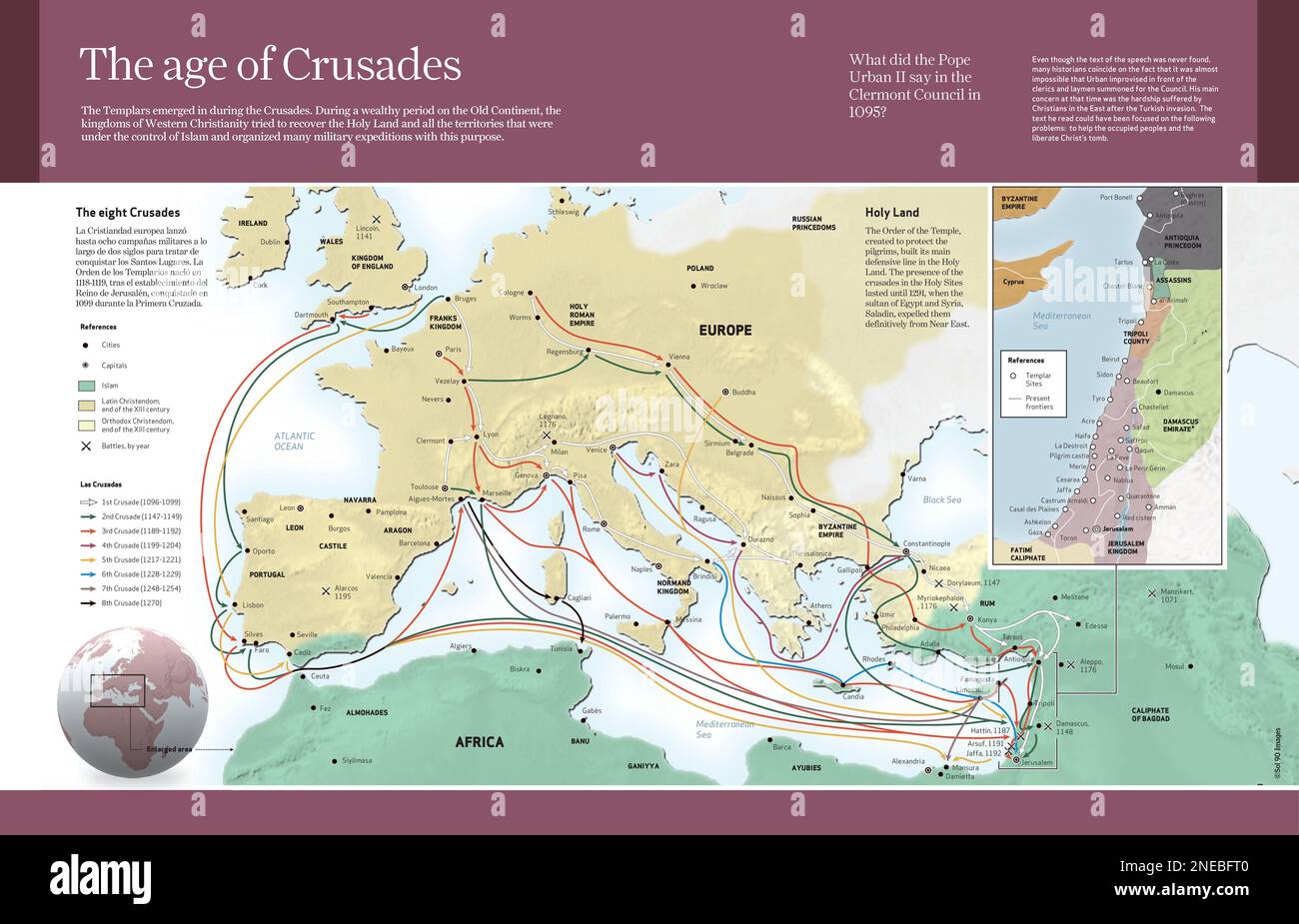 Computer graphics about the Crusades, Christian military expeditions to recover the Holy Land (1095-1291). [Adobe InDesign (.indd); 4960x3188]. Stock Photo