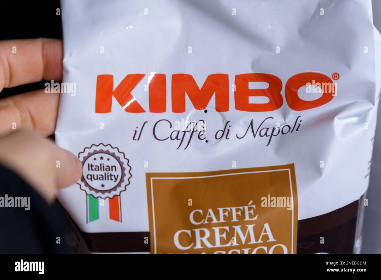 Tyumen, Russia-January 26, 2023: Logo of the brand Caffe Kimbo. Kimbo is an Italian manufacturer of coffee products Stock Photo