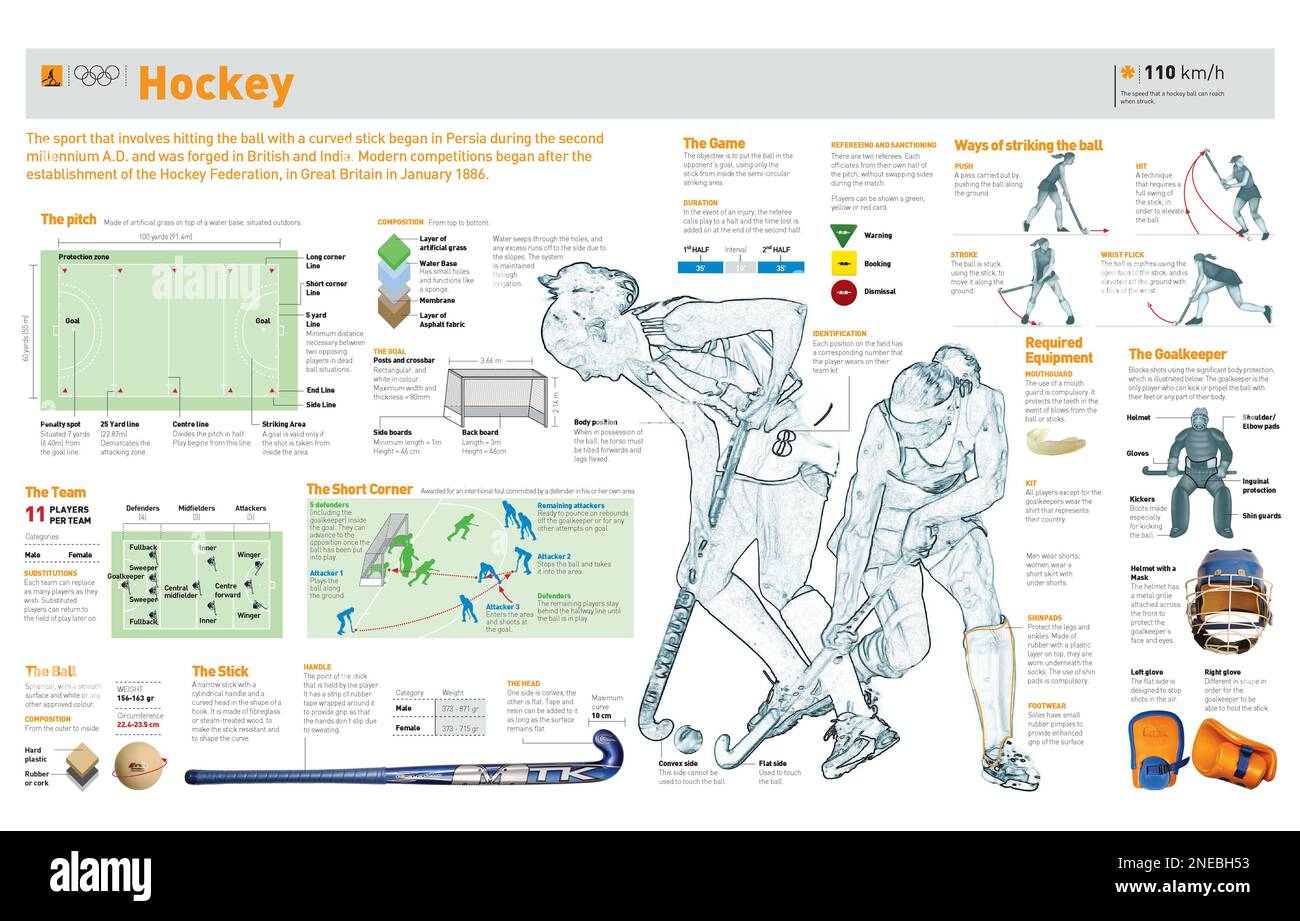 Infographics about the origin of hockey, its rules, clothing, field and