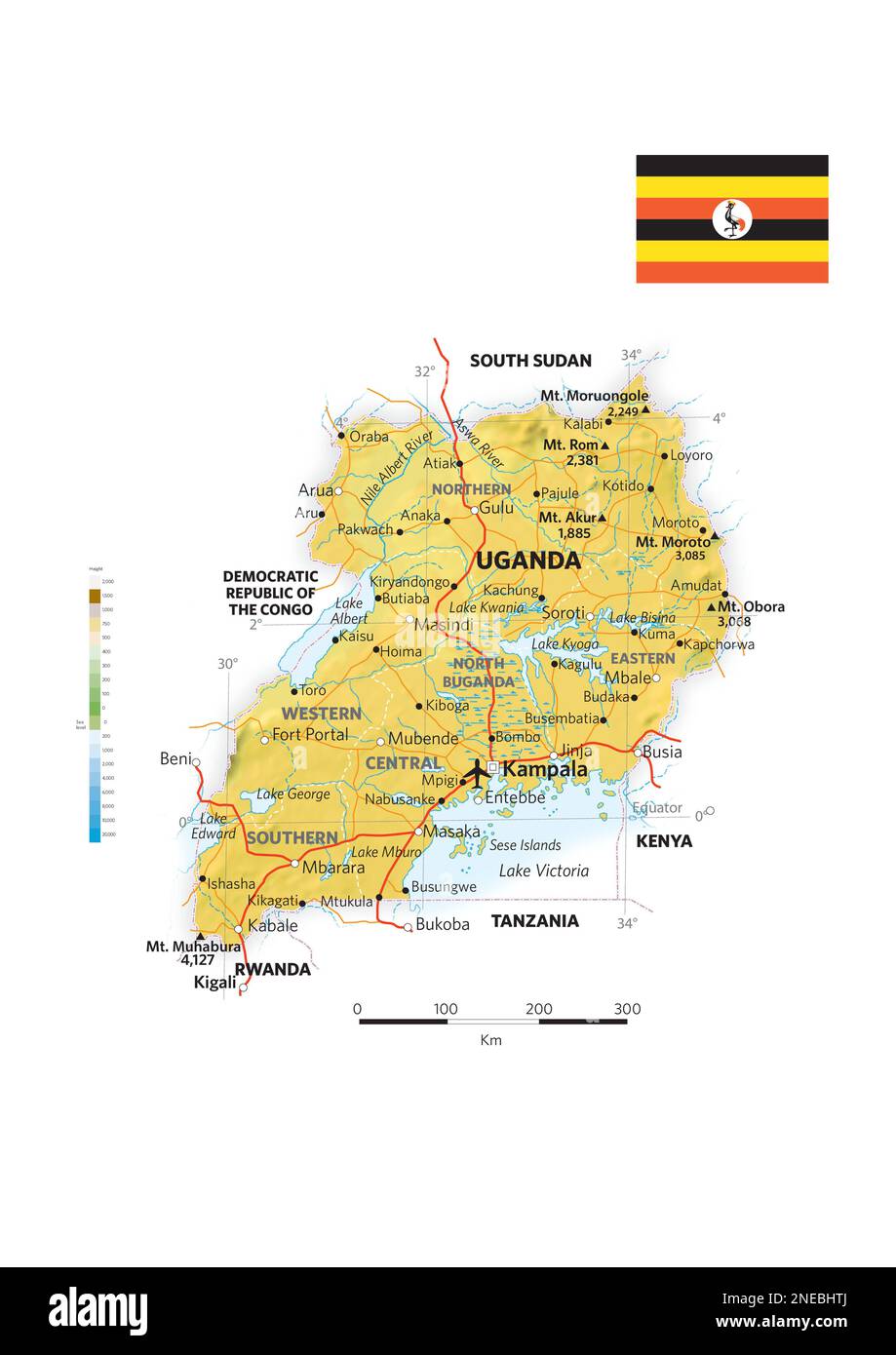Physical and political map of Uganda. [Adobe Illustrator (.ai); 2480x3507]. Stock Photo