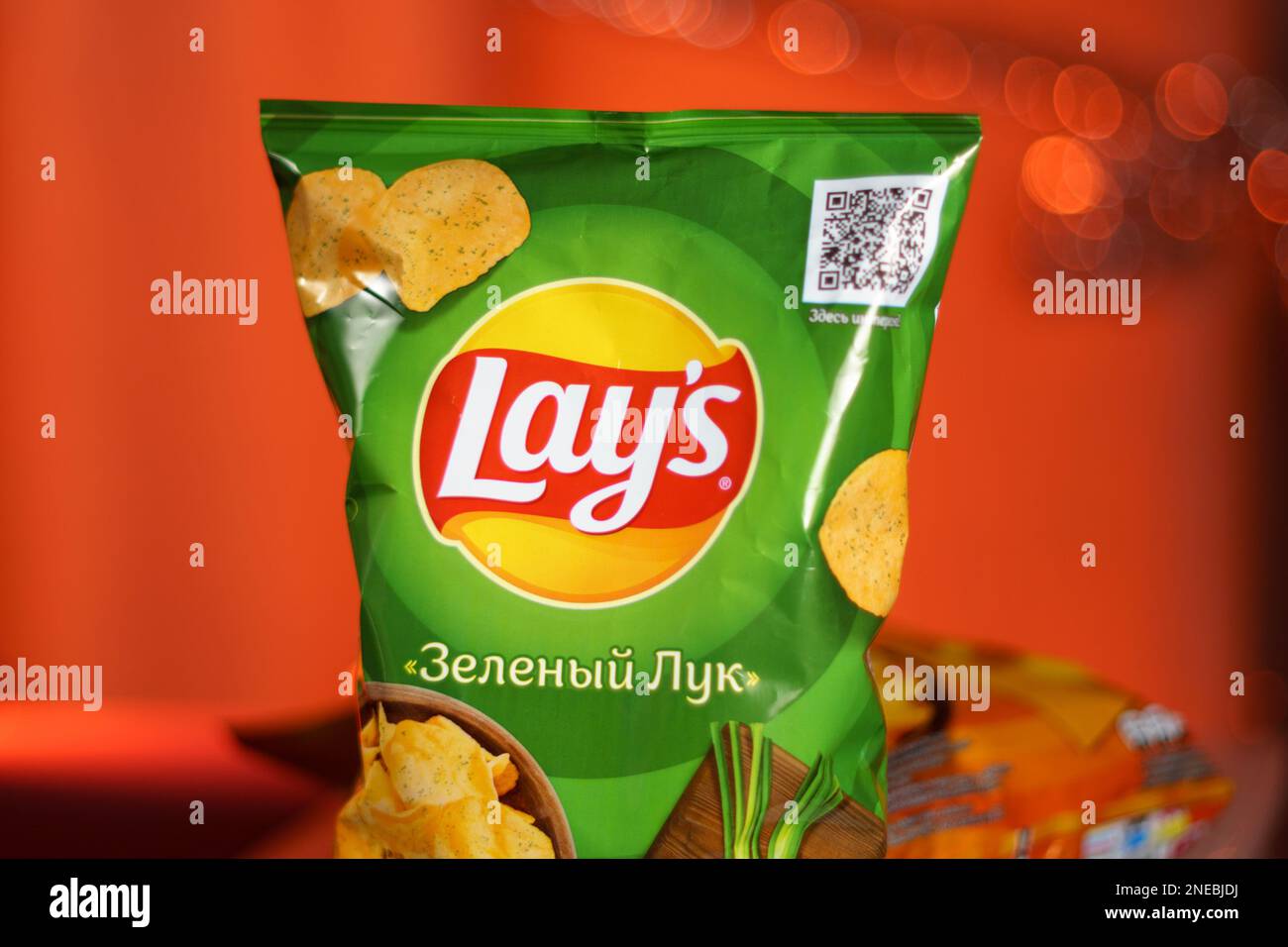 Tyumen, RussiaJanuary 06, 2023 Lays potato chips bar, onion flavored