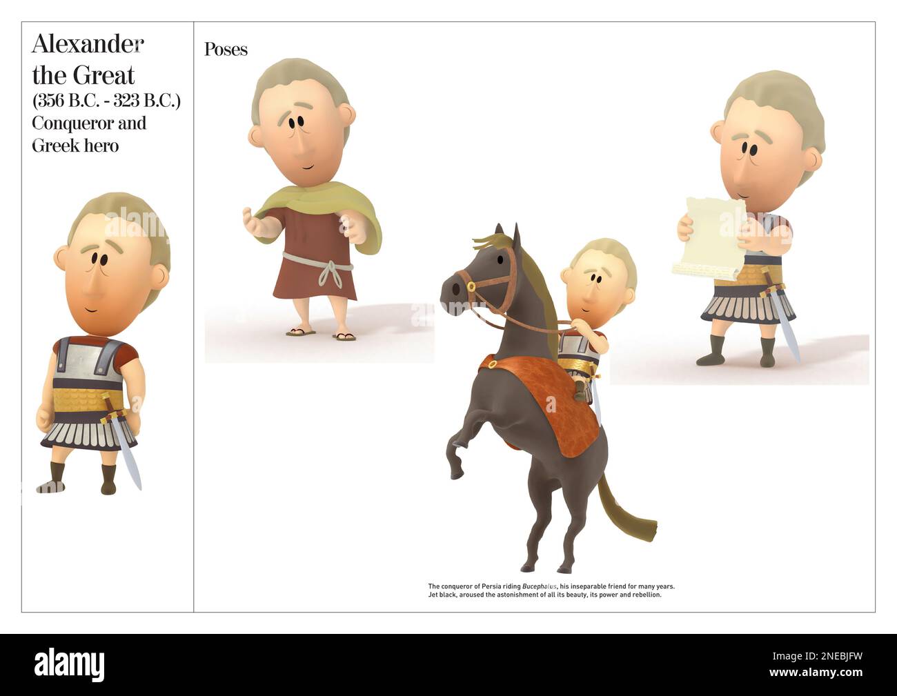 Postural pictures of Alexander the Great, Greek conqueror and heroe, (356 B.C.-323 B.C.). [Adobe InDesign (.indd)]. Stock Photo