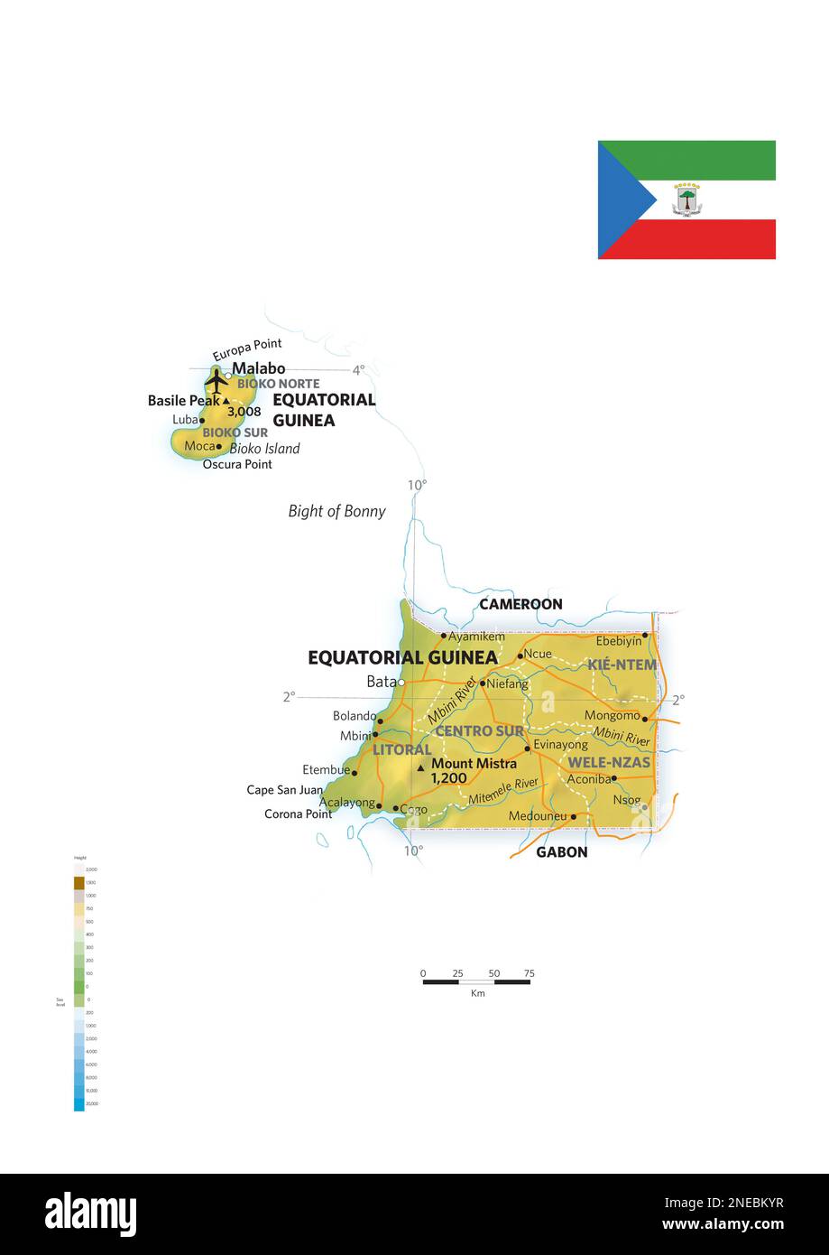 Physical and political map of Equatorial Guinea. [Adobe Illustrator (.ai); 2480x3507]. Stock Photo