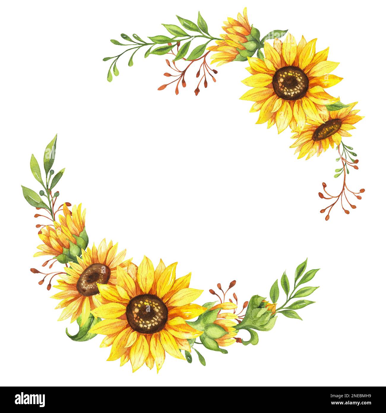 Sunflower wreath, round frame of yellow flowers, hand drawn watercolor ...