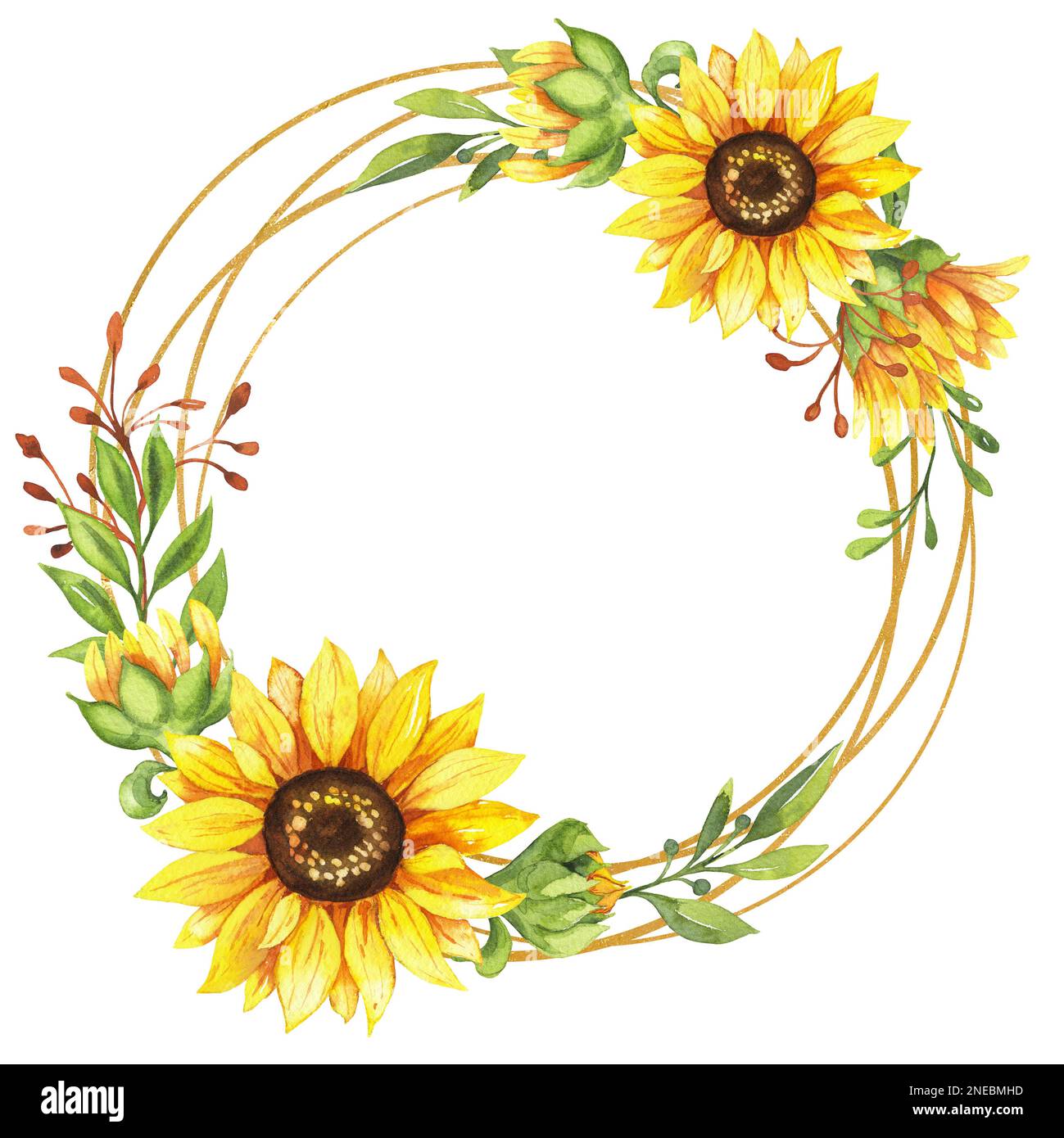 Sunflower wreath, golden round frame of yellow flowers, hand painted