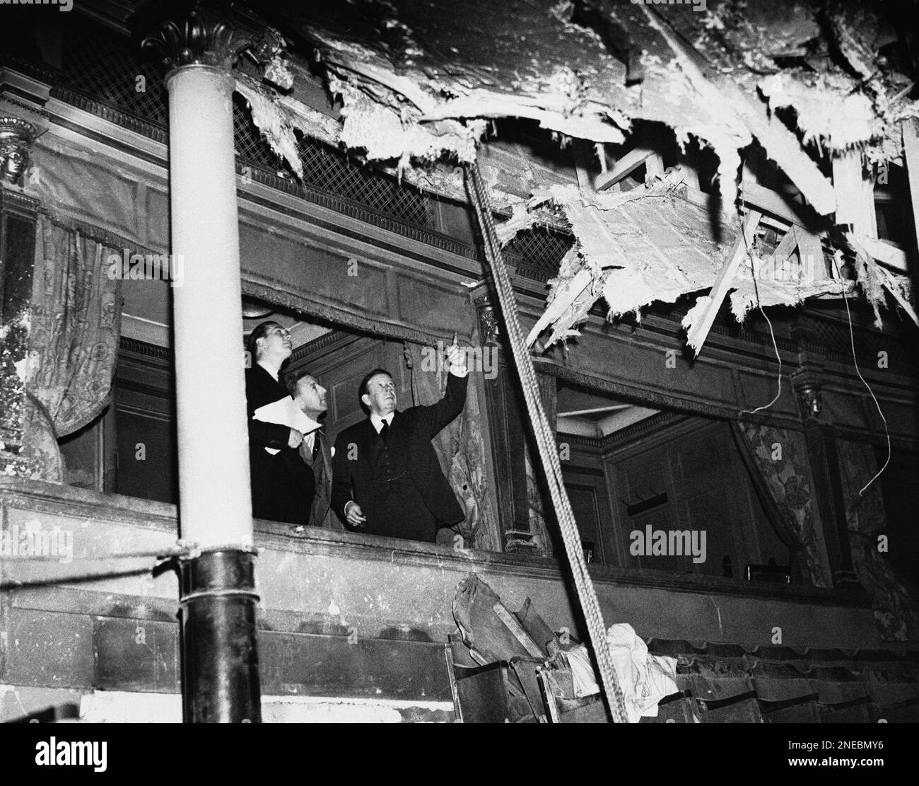Drury Lane Theatre, bombed Sir Seymour Hicks surveys damage at F.N.S.A