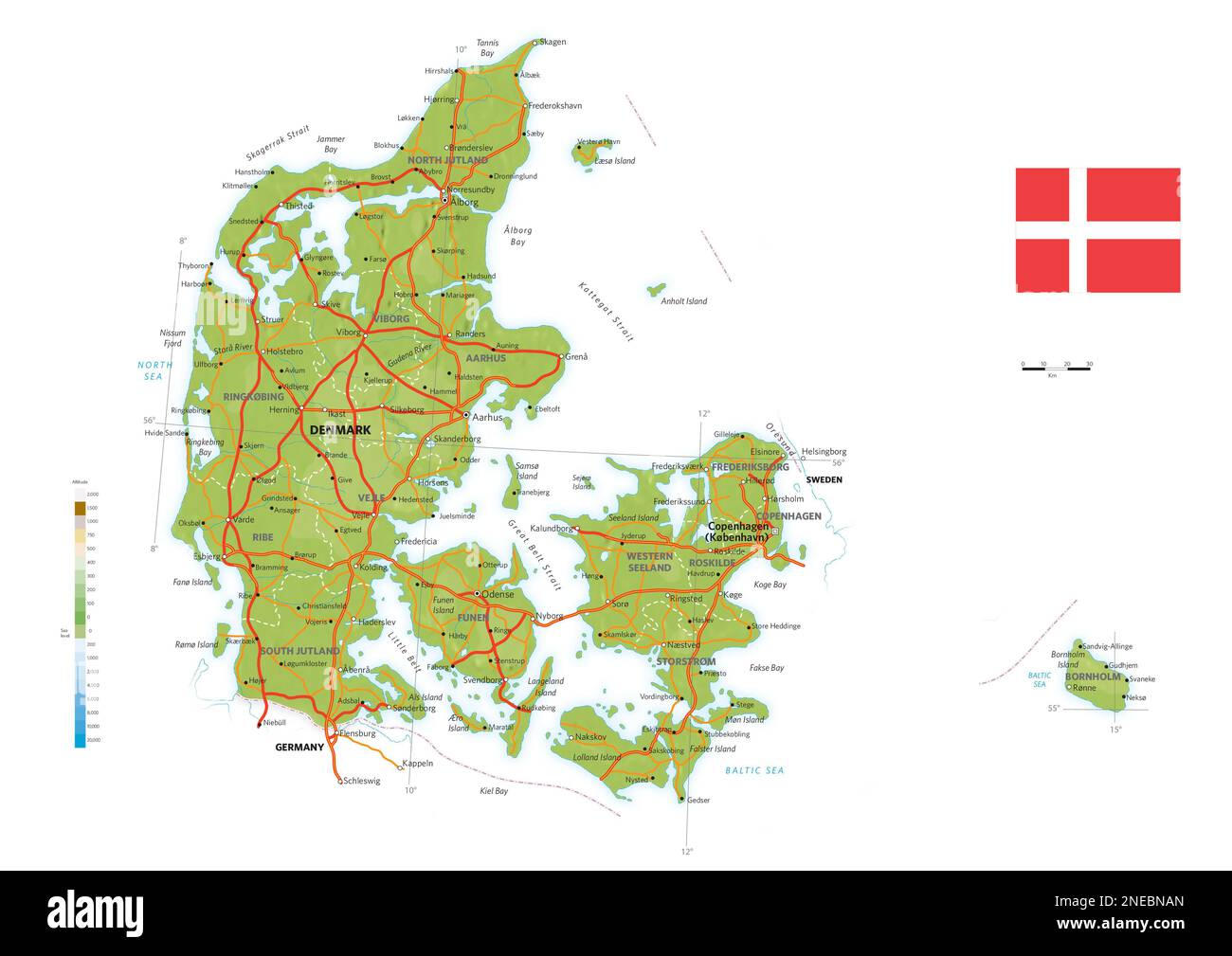 Physical and political map of Denmark. [Adobe Illustrator (.ai); 3507x2480]. Stock Photo