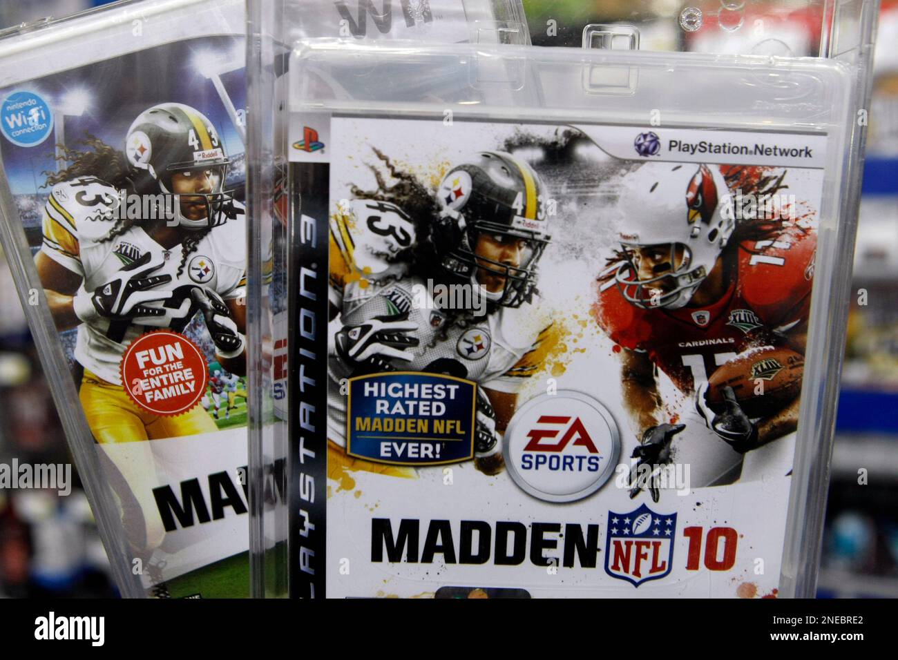 Wii and PlayStation 3 versions of Madden NFL 10, an Electronic Arts game,  are shown at Best Buy in Mountain View, Calif., Monday, Feb. 8, 2010.  Electronic Arts Inc. is showing a