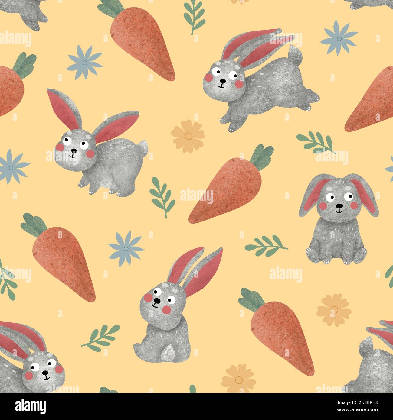Rabbit seamless pattern. Cute textured gray hares, carrots and flowers ...
