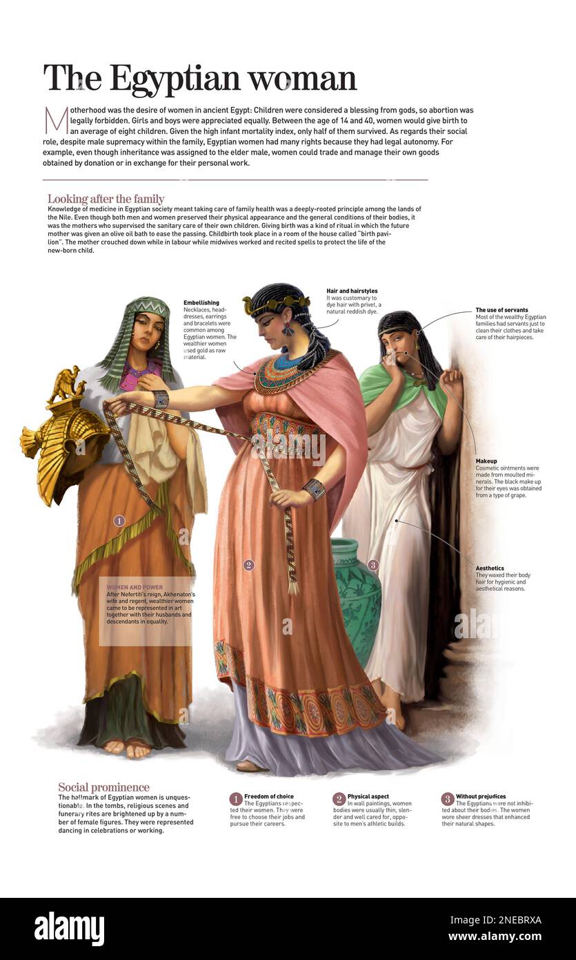 Infographic about Egyptian women: their roles, motherhood, clothing, makeup and hairstyles. [Adobe InDesign (.indd); 4960x3188]. Stock Photo