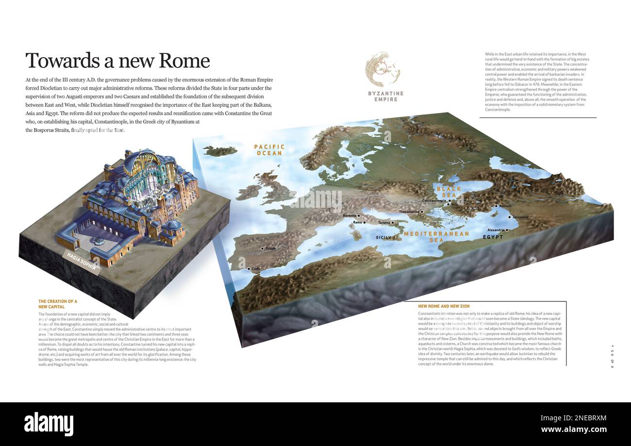 Infographics of the geographical distribution of Roman Empire in the period of Constantine the Great, who reunified western and Eastern part of the emperor and transferred the capital to Constantinople, which was the prelude of the Byzantine emperor. [QuarkXPress (.qxp); 6188x3921]. Stock Photo