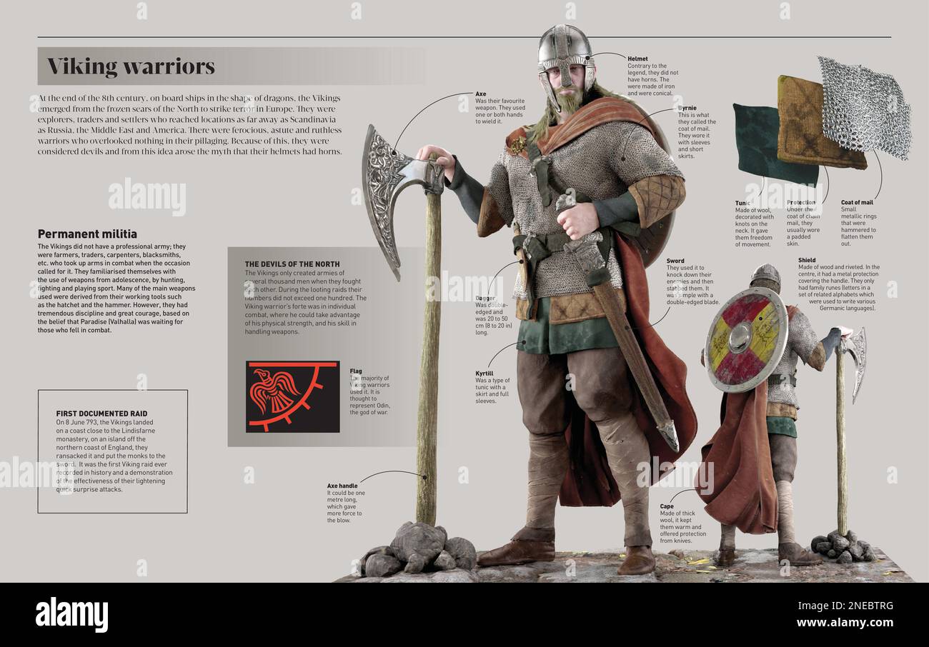 Infographic about the weapons and attack force of the Viking warriors at the end of the 8th century who, without being a professional army, they were disciplined and ruthless. [Adobe InDesign (.indd); 5078x3188]. Stock Photo