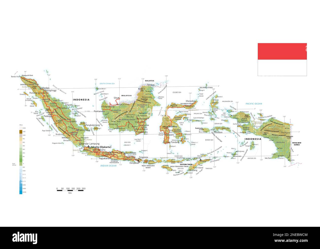 Physical and political map of Indonesia. [Adobe Illustrator (.ai); 3507x2480]. Stock Photo