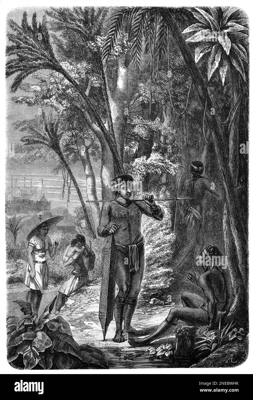 Dayaks in Tribal Dress including Male Hunter or Hunters, Women & Children in the Rain Forest Borner. Vintage Engravin or Illustraton 1862 Stock Photo