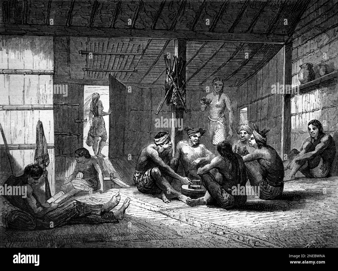 Dayak Ceremony, Communal Meal and Daily Life Inside a Dayak Longhouse Borneo. Vintage Engraving or Illustration 1862 Stock Photo
