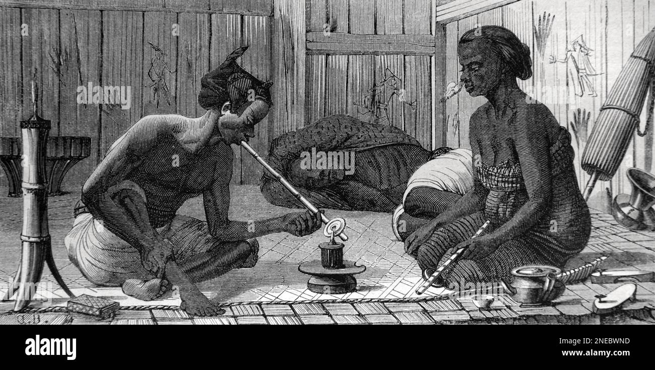 Malay or Malaysian Opium Smokers Malaysia. Vintage Engraving or