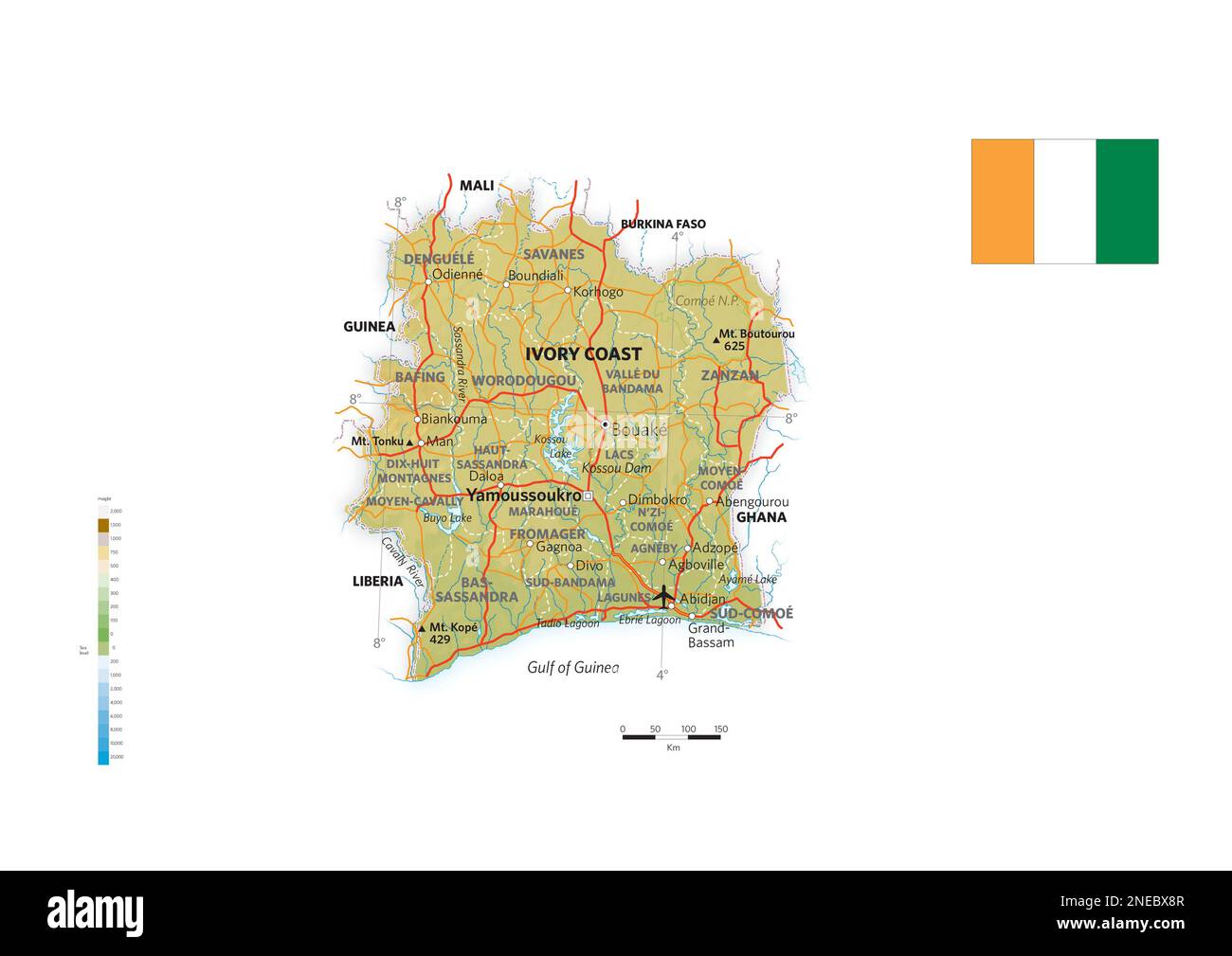 Physical and political map of Ivory Coast. [Adobe Illustrator (.ai); 3507x2480]. Stock Photo