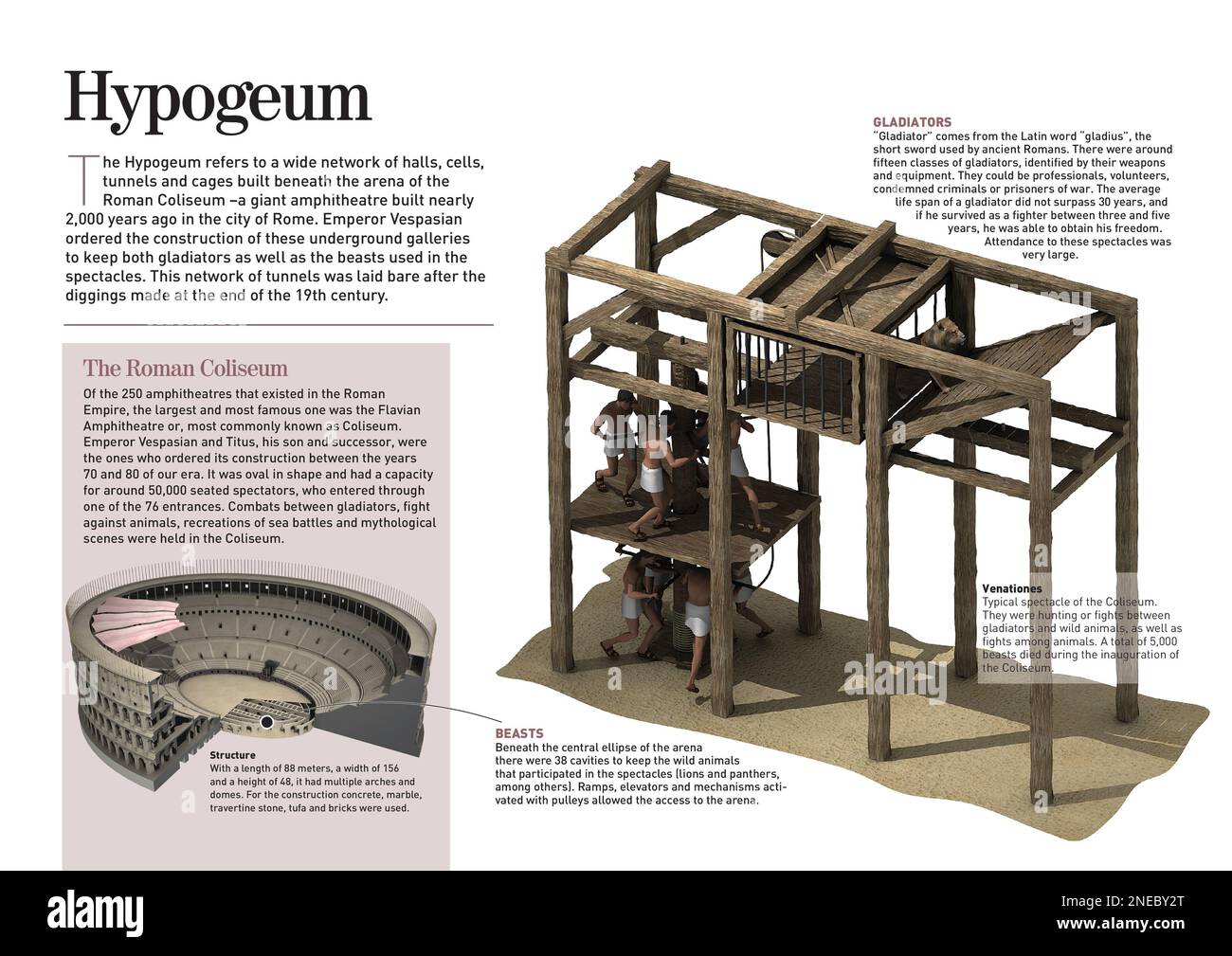 Infographic about the Hypogeum, a set of underground galleries beneath the Roman Coliseum in which gladiators and cages for the beasts were kept. [Adobe InDesign (.indd); 3507x2480]. Stock Photo