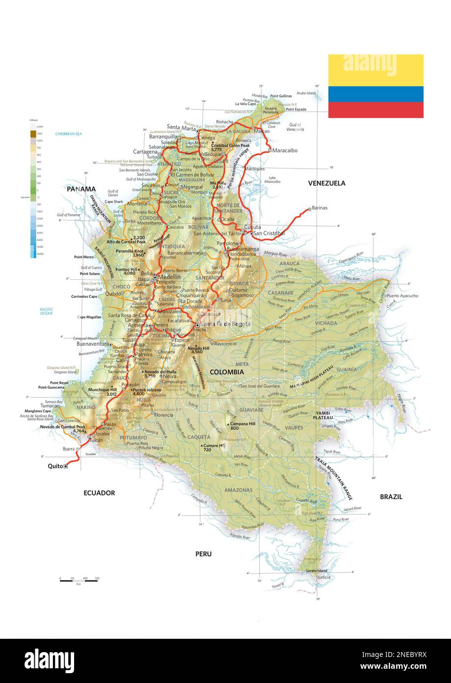 Physical and political map of Colombia. [Adobe Illustrator (.ai); 2480x3507]. Stock Photo