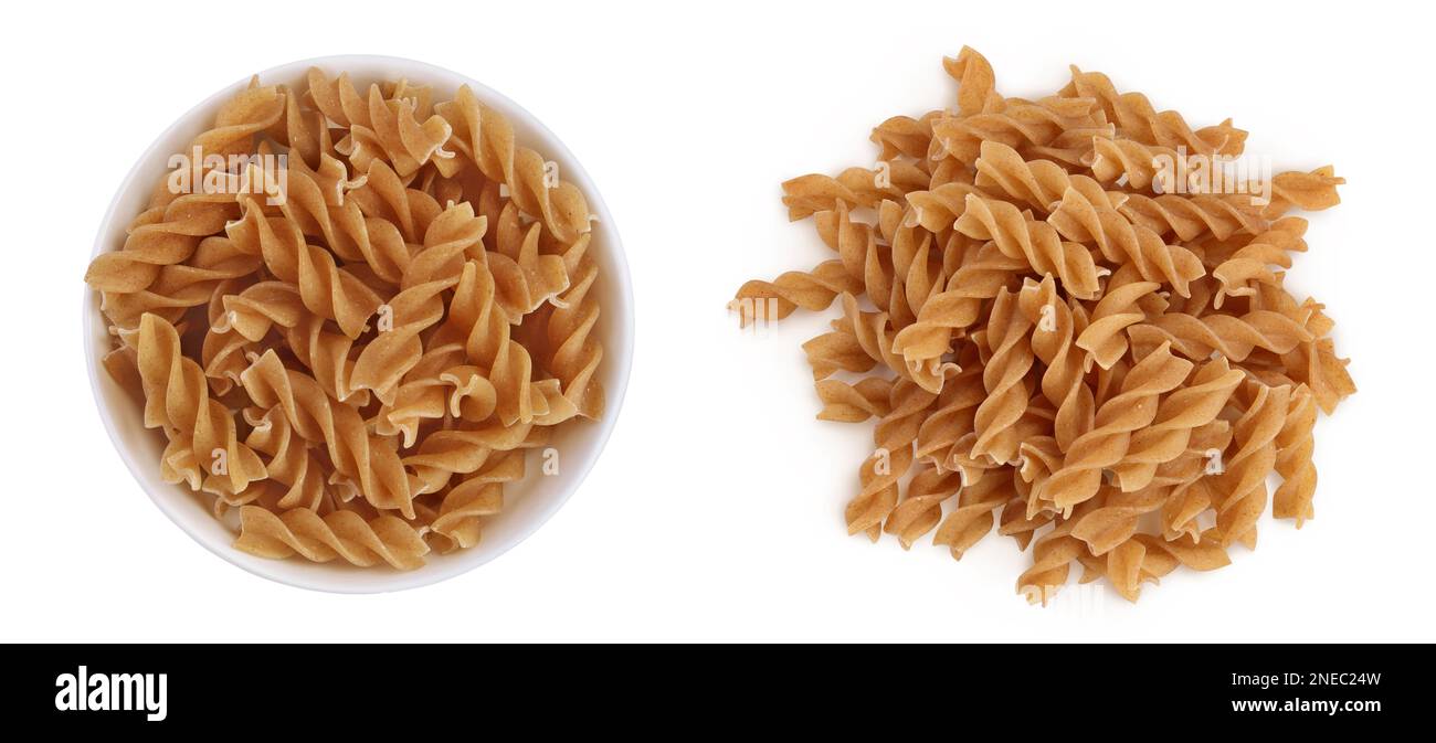 Image showcasing Wolegrain fusilli pasta from durum wheat in ceramic bowl isolated on ...