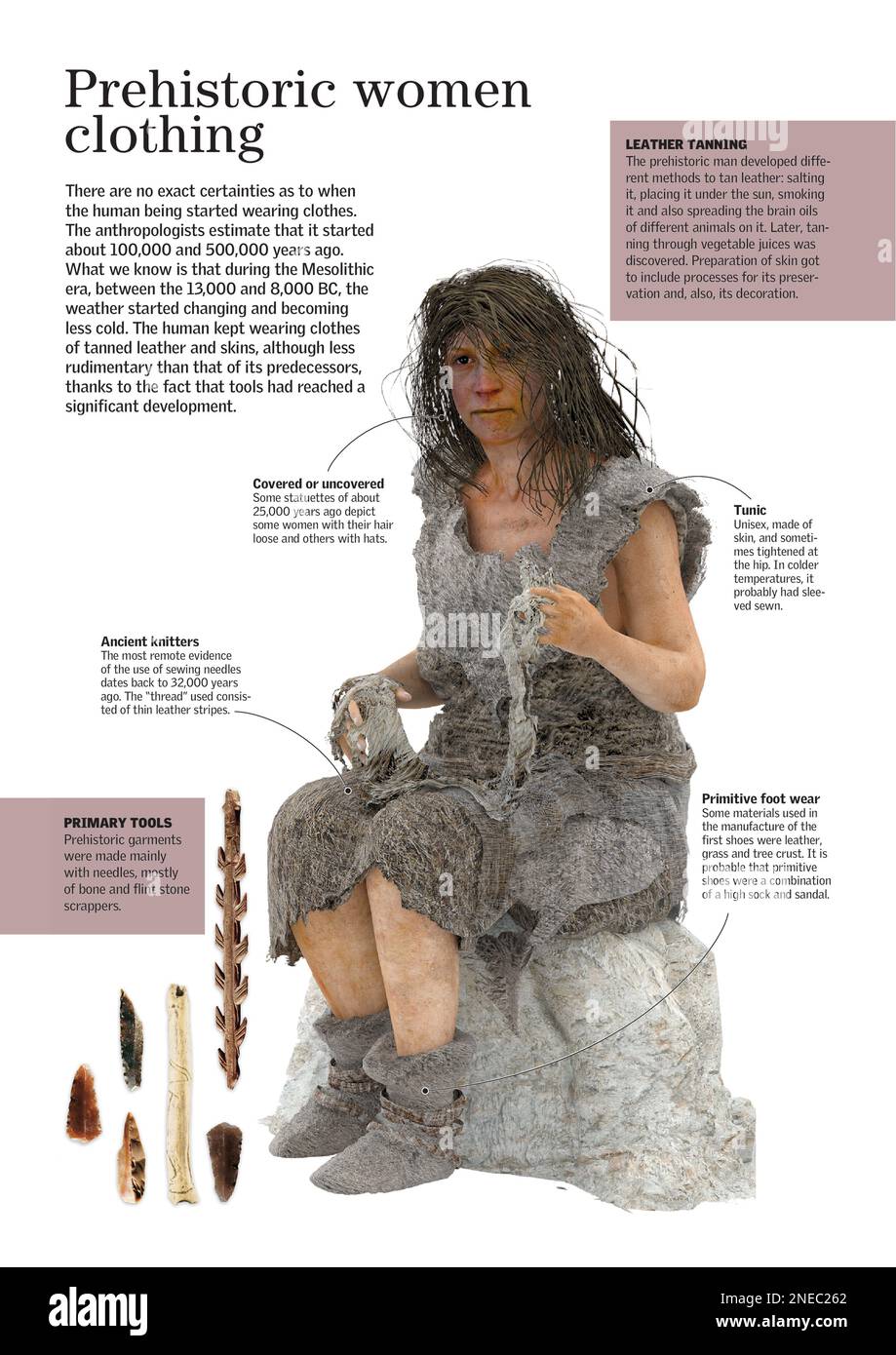 Infographic about the typical clothing of the women of the Mesolithic (period of Prehistory that serves as a transition between the Paleolithic and the Neolithic). [Adobe InDesign (.indd); 2480x3507]. Stock Photo