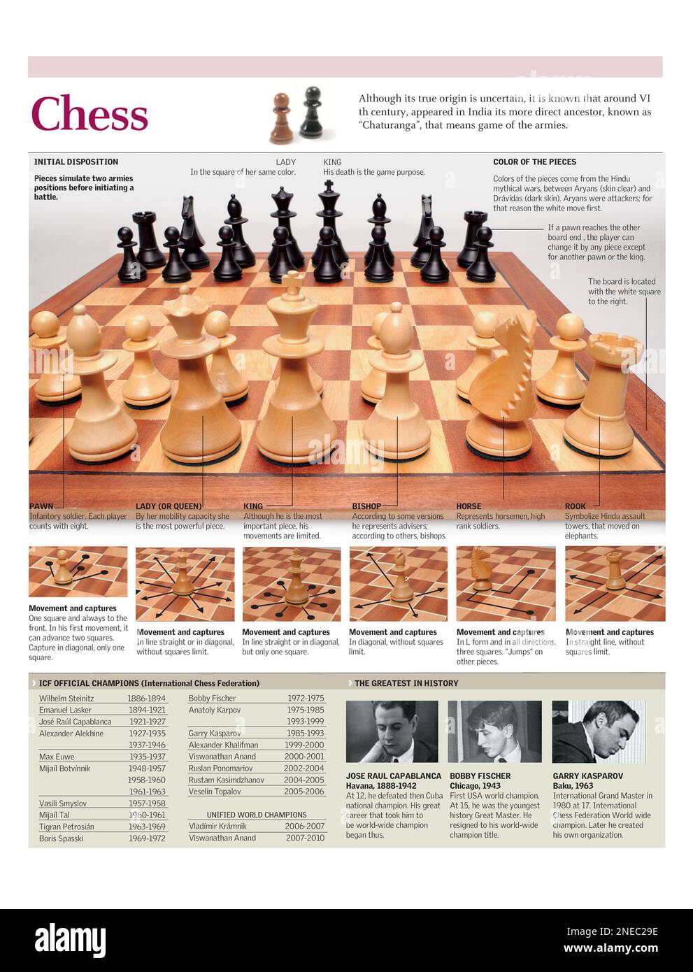 Infographics of the basic rules and piece moves of the chess game, the